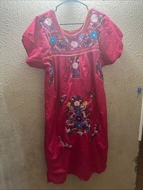 Hand-Embroidered Pink Mexican Midi Dress